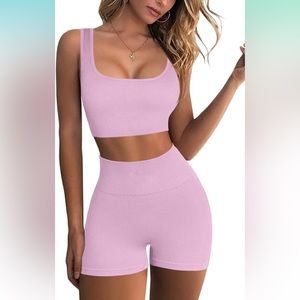 Women’s Workout Set - 2 Piece Ribbed Crop Tank, High Waist Shorts